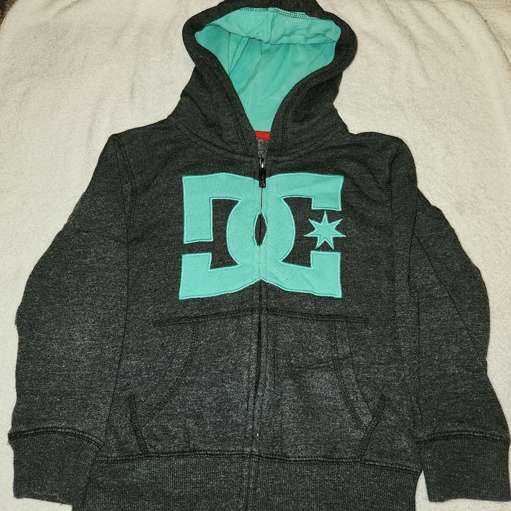 Boys Kids DC Gray & Teal Zip Up Hooded Jacket Fleece Size 4
